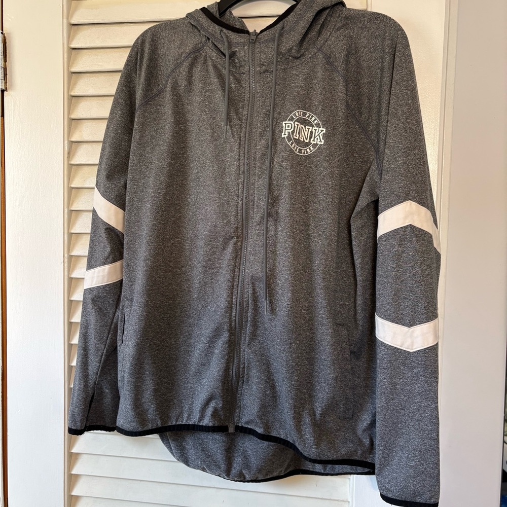 Vintage 2000’s PINK Victoria's Secret Charcoal Grey Zip Hoodie w White Logo Trim